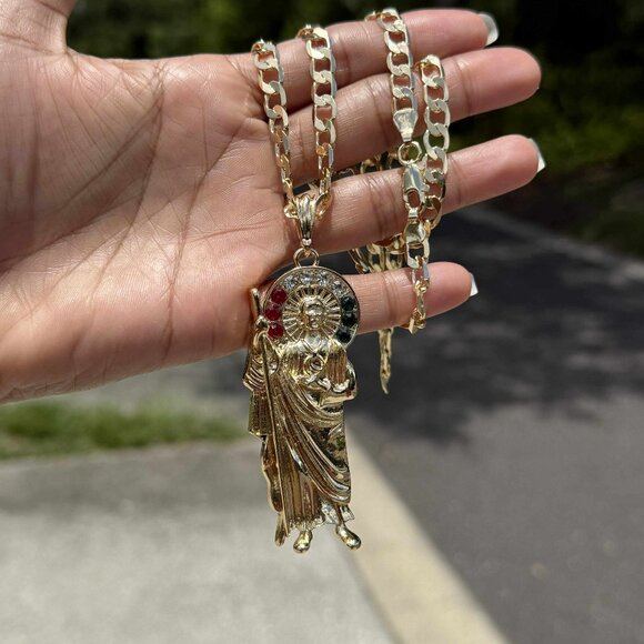 San Judas Tadeo Pendant Religious Necklace 14K GP Miami Cuban Chain 20x4mm - Picture 3 of 5